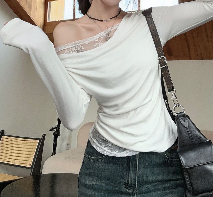 One-Shoulder Asymmetrical Lace Panel Top