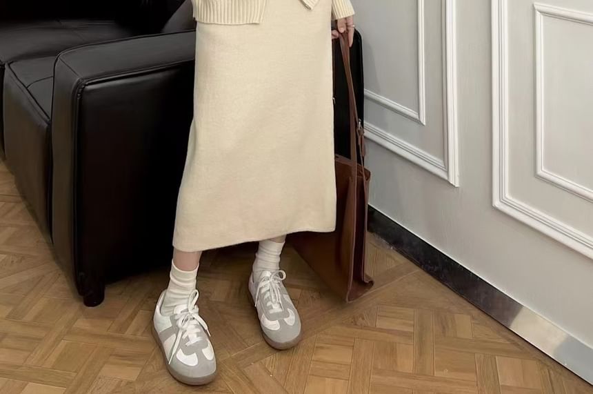 Knit Hoodie and Slit Midi Skirt Set - Zip-Up