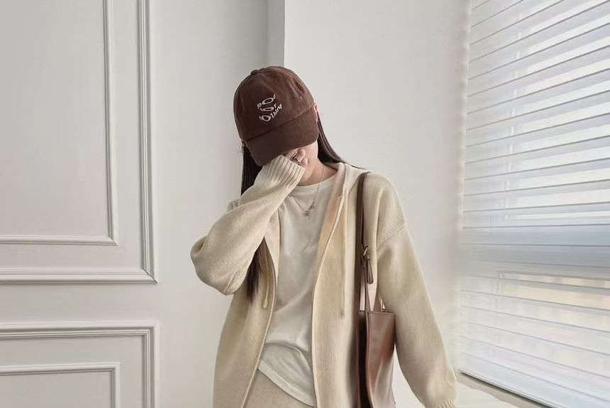 Knit Hoodie and Slit Midi Skirt Set - Zip-Up