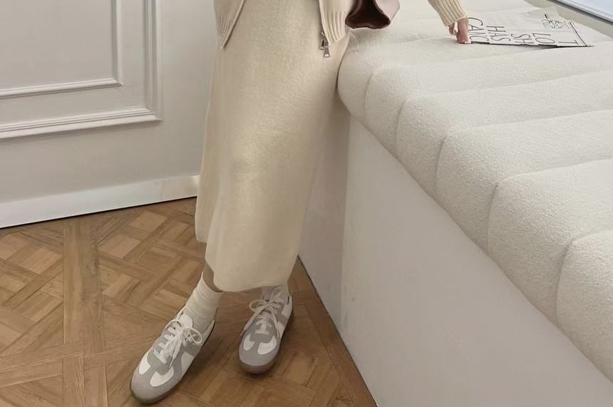 Knit Hoodie and Slit Midi Skirt Set - Zip-Up