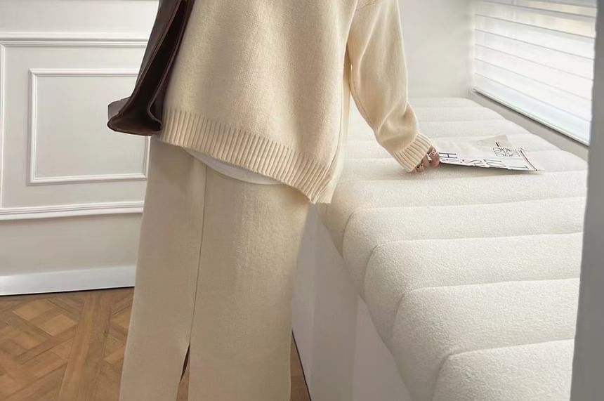 Knit Hoodie and Slit Midi Skirt Set - Zip-Up