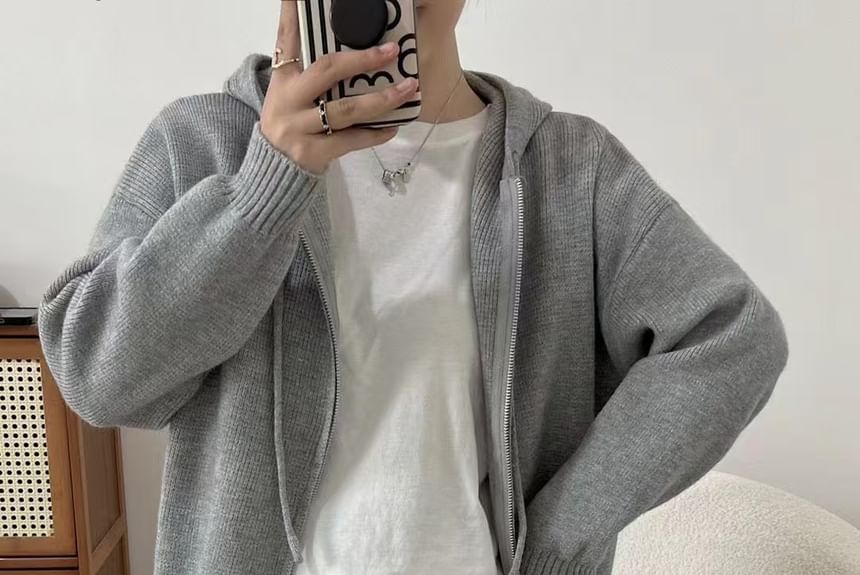 Knit Hoodie and Slit Midi Skirt Set - Zip-Up