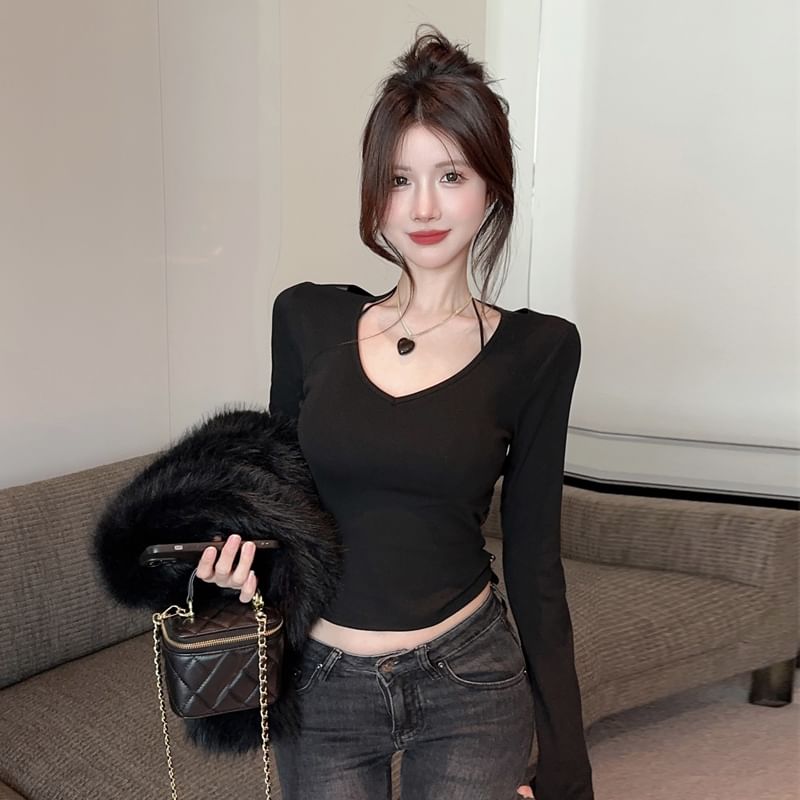 Lace-Back Cropped V-Neck Top with Extended Sleeves