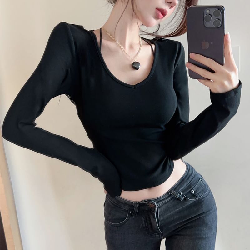 Lace-Back Cropped V-Neck Top with Extended Sleeves