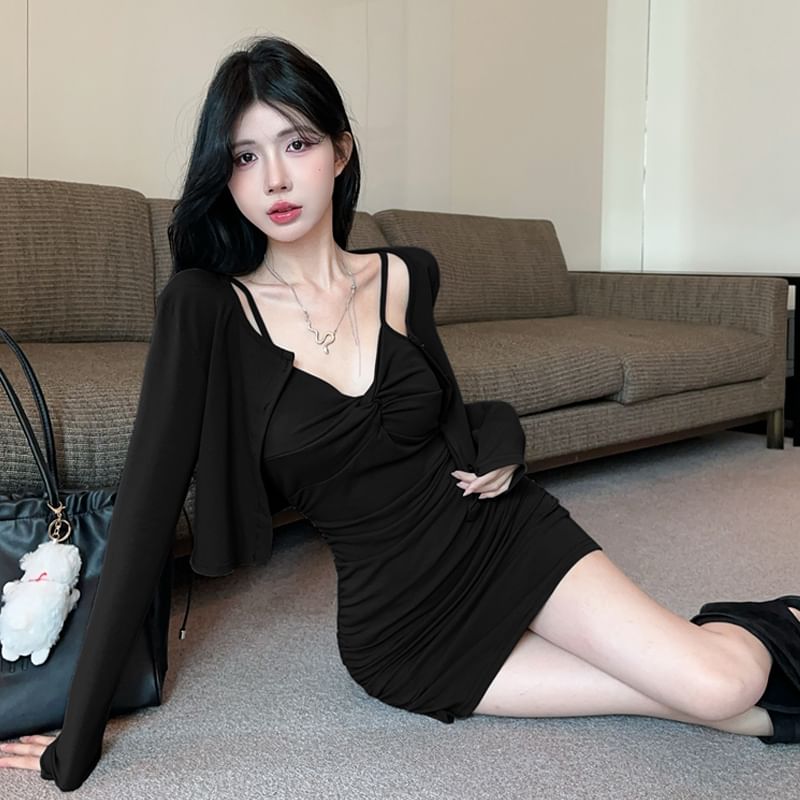 Twisted V-Neck Mini A-Line Dress and Crop Cardigan Set