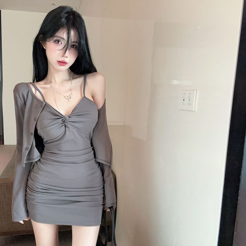 Twisted V-Neck Mini A-Line Dress and Crop Cardigan Set