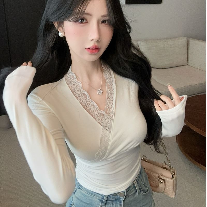 V-Neck Lace-Trimmed Long Sleeve Tee