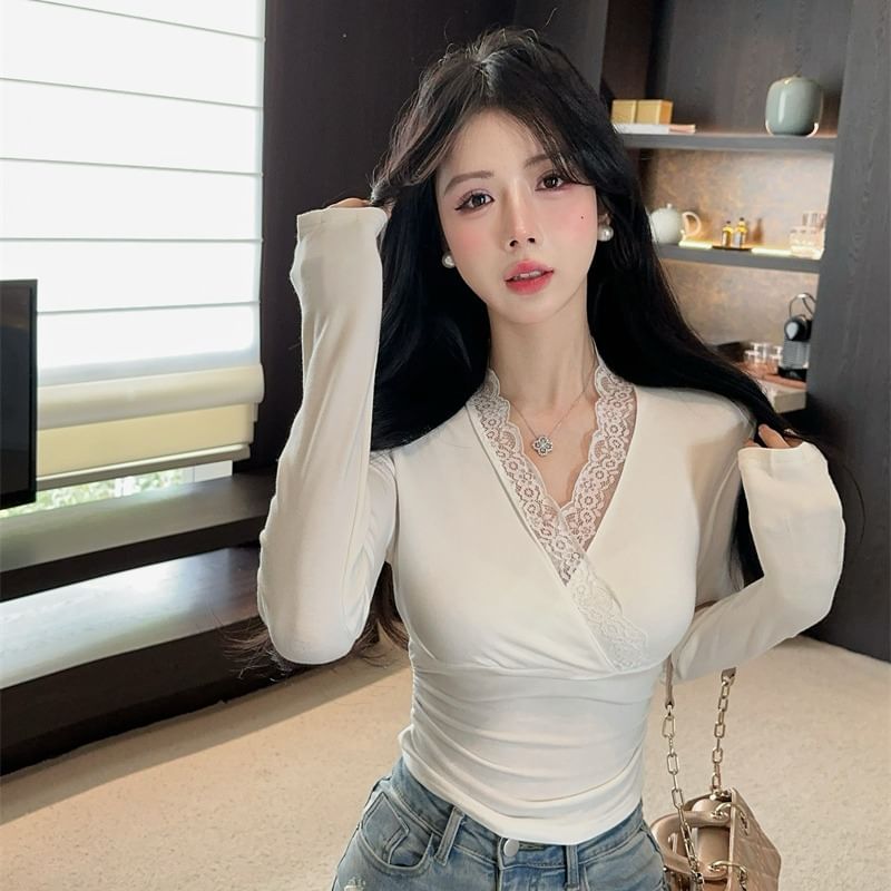 V-Neck Lace-Trimmed Long Sleeve Tee