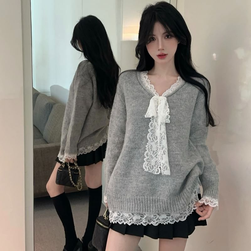 Lace-Trimmed V-Neck Sweater & Pleated Mini Skirt Set