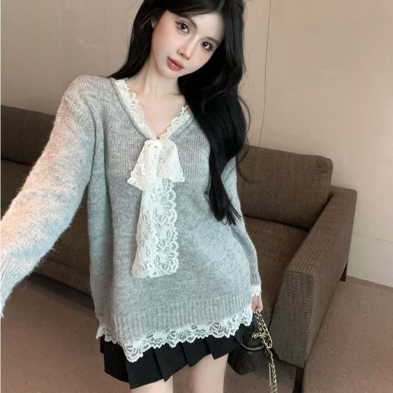 Lace-Trimmed V-Neck Sweater & Pleated Mini Skirt Set