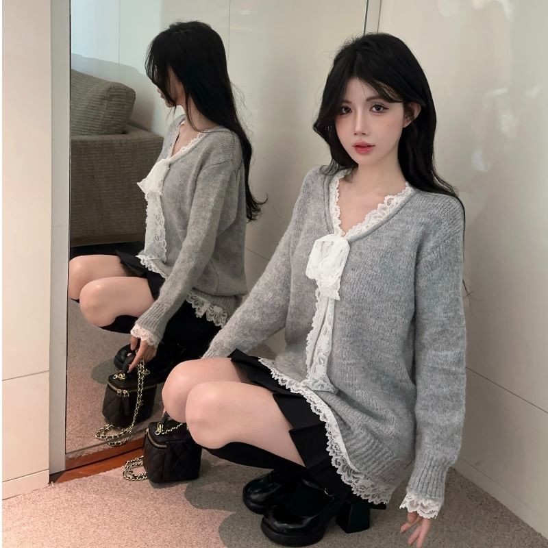 Lace-Trimmed V-Neck Sweater & Pleated Mini Skirt Set