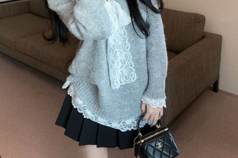 Lace-Trimmed V-Neck Sweater & Pleated Mini Skirt Set