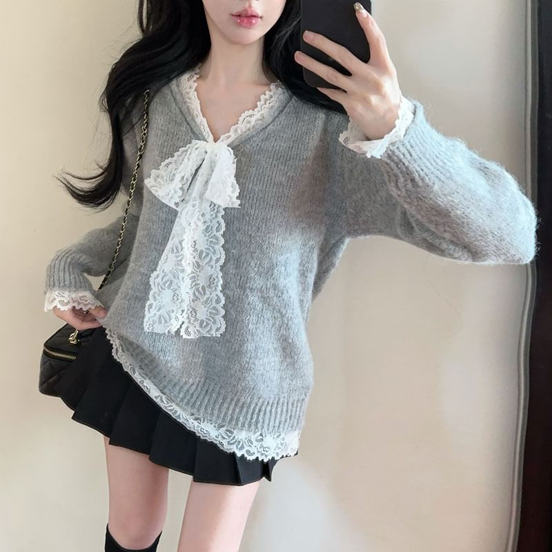 Lace-Trimmed V-Neck Sweater & Pleated Mini Skirt Set