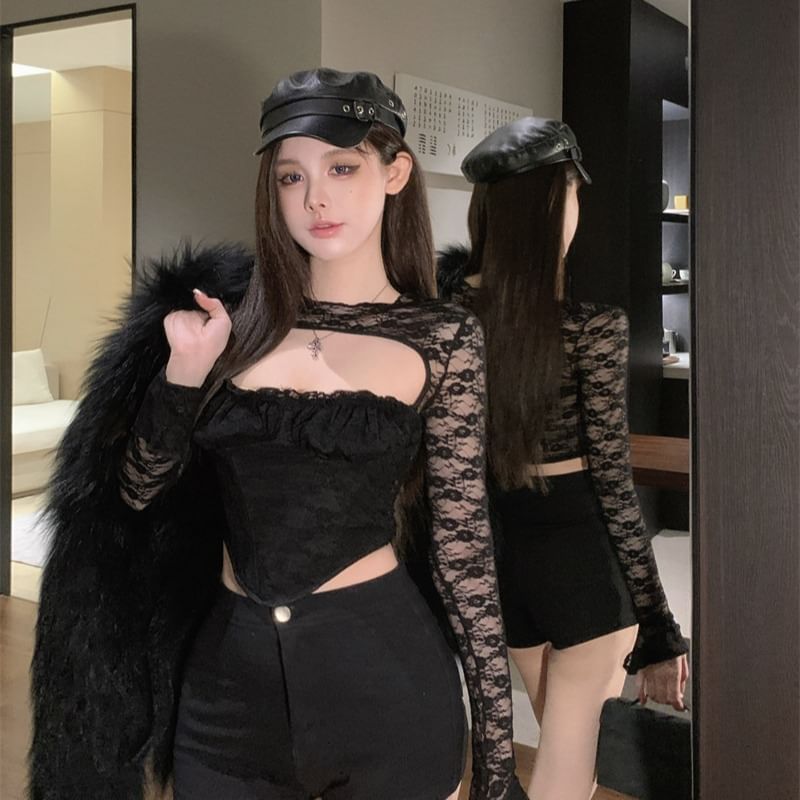 Round Neck Lace Panel Ruffle-Trimmed Crop Top
