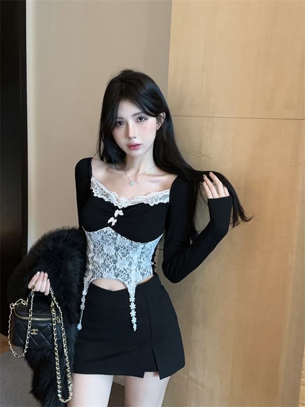 Square Neck Bowknot Lace Panel Crop Top