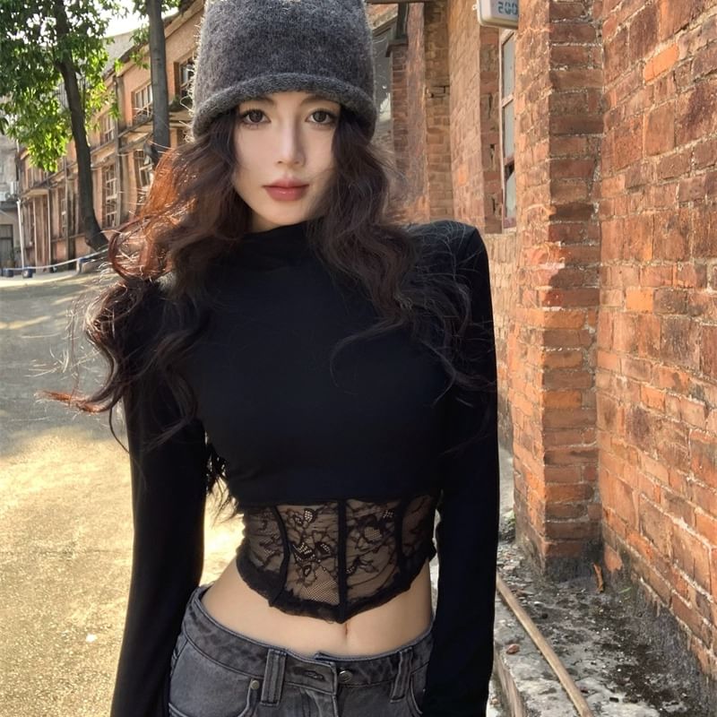 Mock Neck Lace-Trimmed Cropped Long Sleeve Top