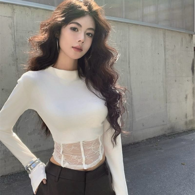 Mock Neck Lace-Trimmed Cropped Long Sleeve Top