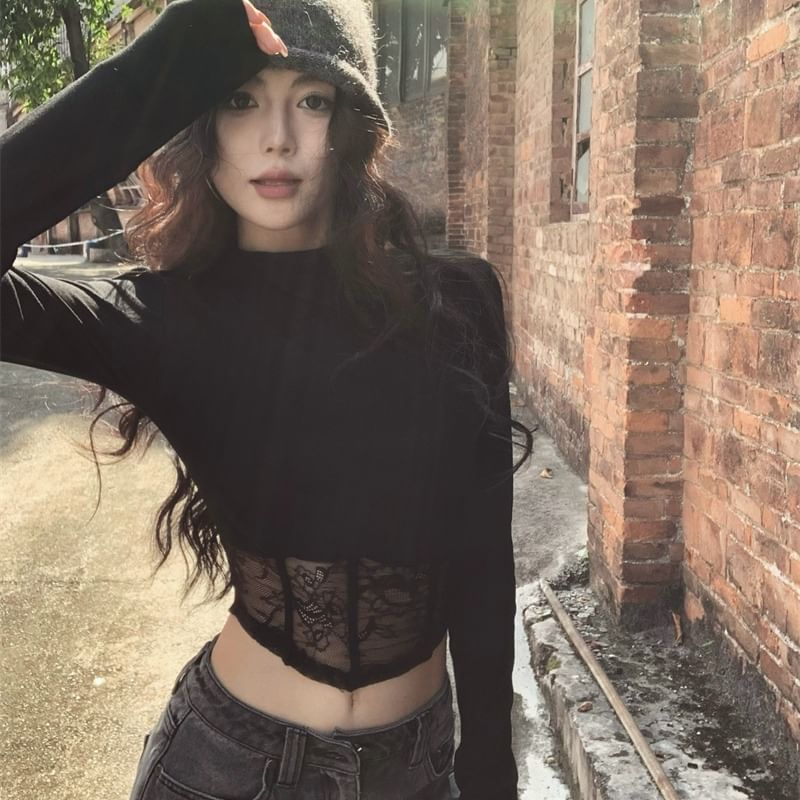 Mock Neck Lace-Trimmed Cropped Long Sleeve Top