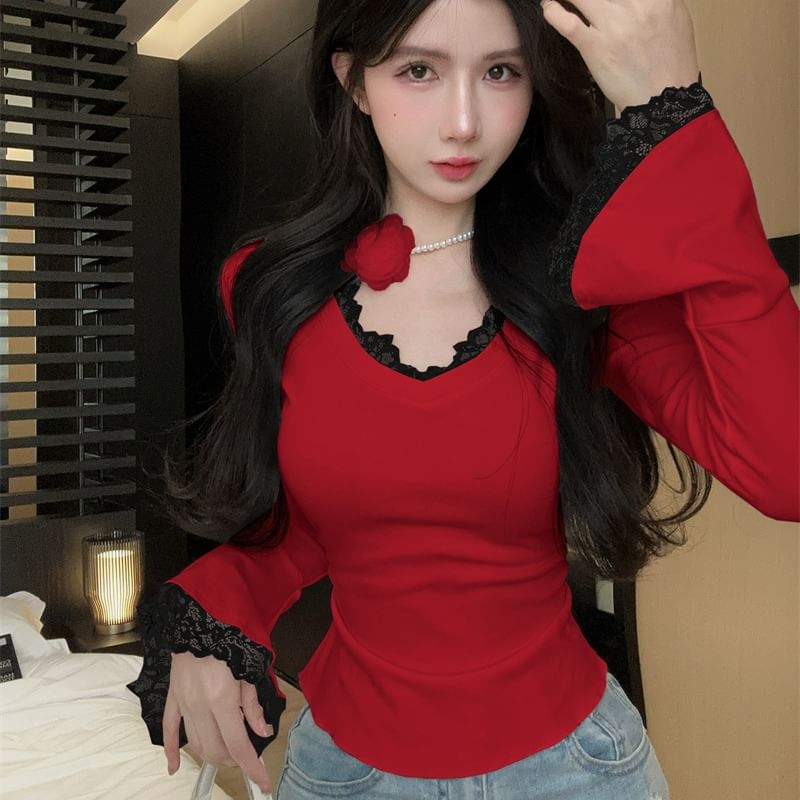 Lace-Trimmed V-Neck Long Sleeve T-Shirt