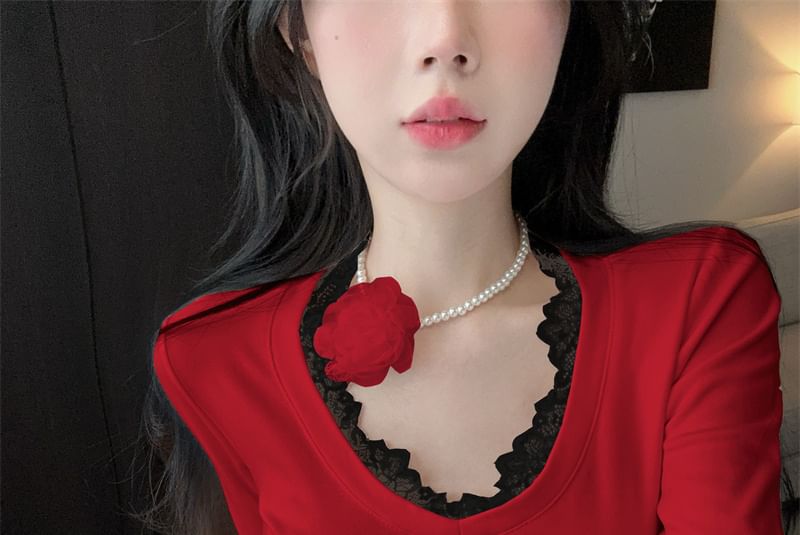 Lace-Trimmed V-Neck Long Sleeve T-Shirt