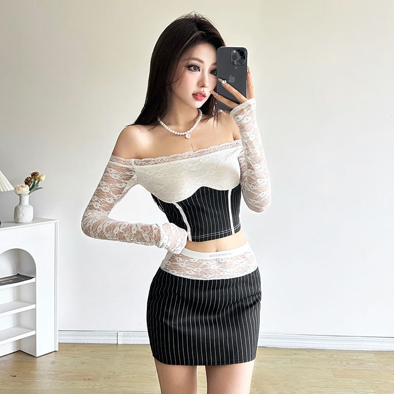 Striped Lace Crop Top & High-Rise Mini Pencil Skirt