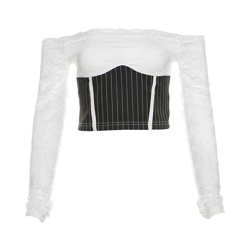 Striped Lace Crop Top & High-Rise Mini Pencil Skirt