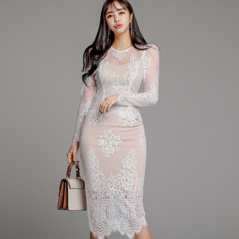 Lace Overlay Long Sleeve Top & Pencil Skirt Set