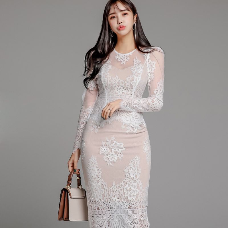 Lace Overlay Long Sleeve Top & Pencil Skirt Set