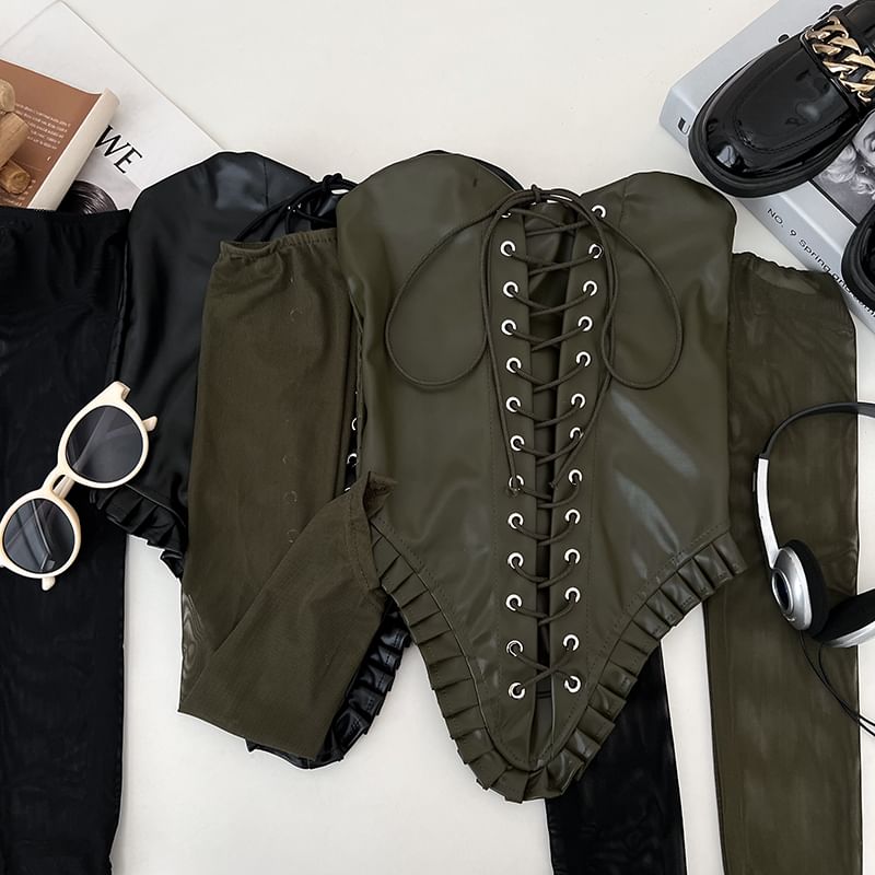 Off-Shoulder Lace-Up Faux Leather Long Sleeve Top