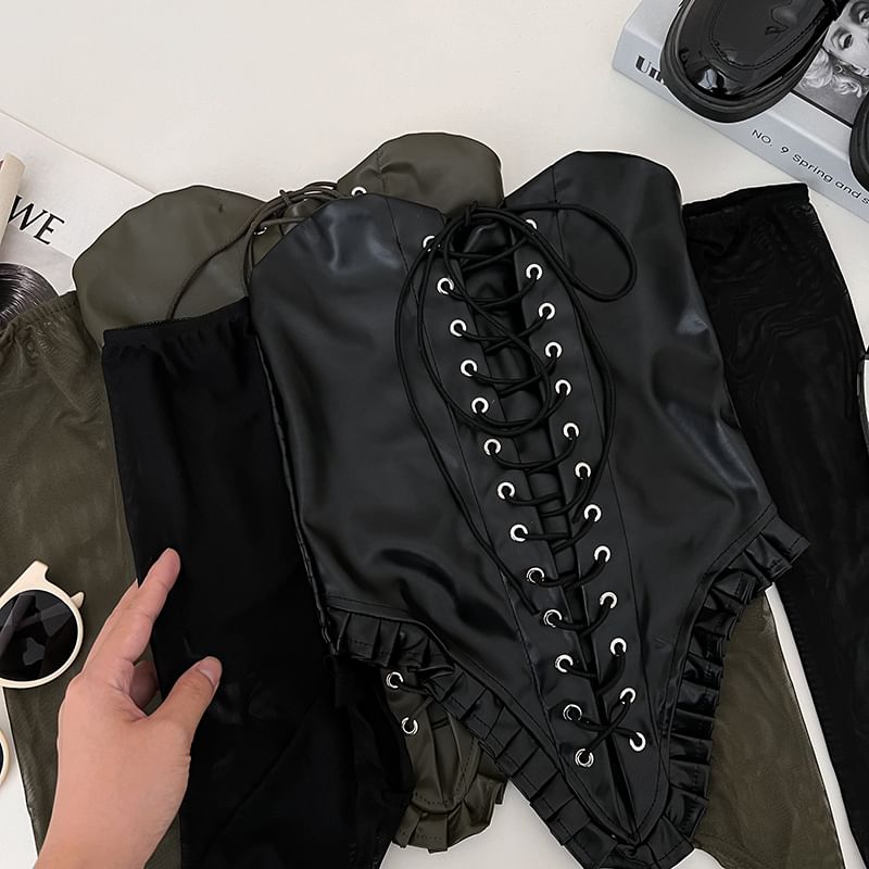 Off-Shoulder Lace-Up Faux Leather Long Sleeve Top