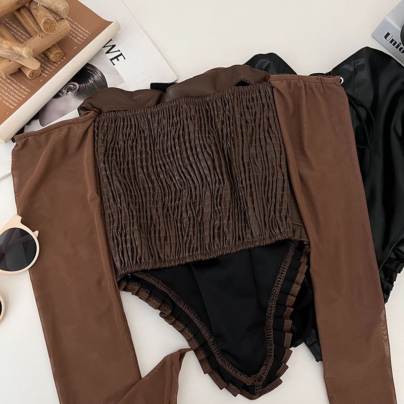Off-Shoulder Lace-Up Faux Leather Long Sleeve Top
