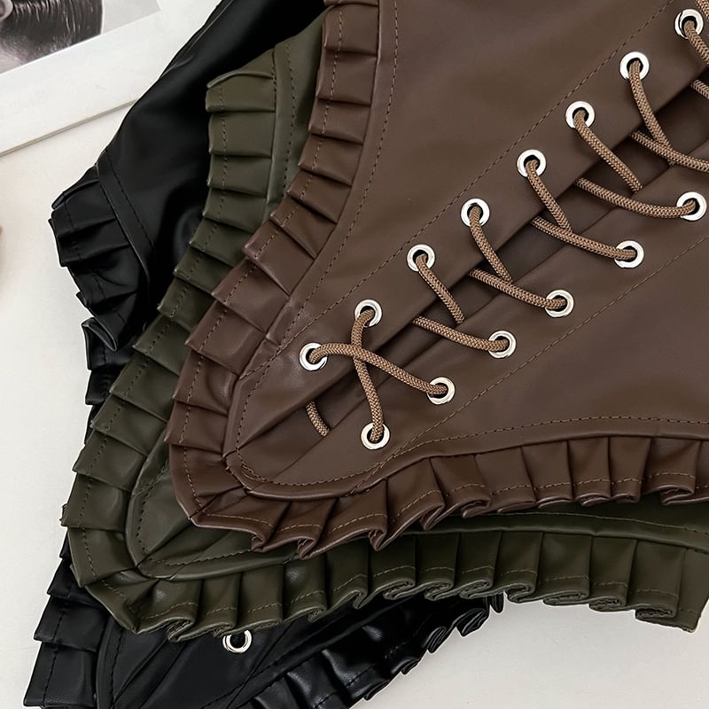 Off-Shoulder Lace-Up Faux Leather Long Sleeve Top