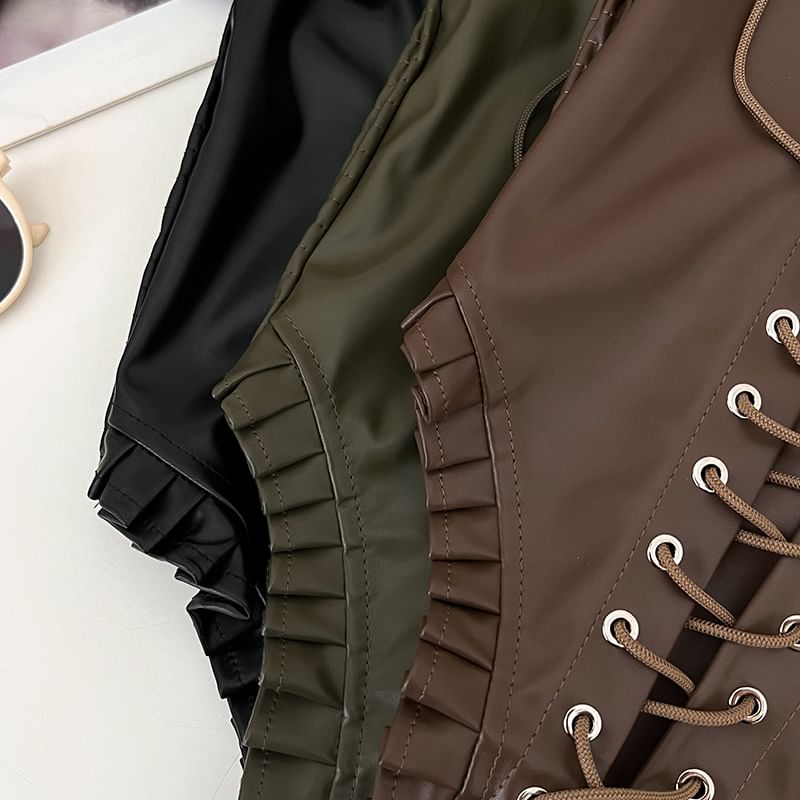 Off-Shoulder Lace-Up Faux Leather Long Sleeve Top