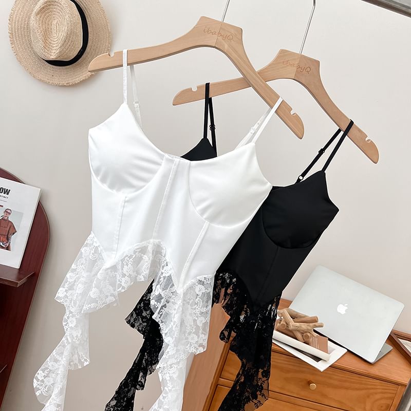 Ruffle Hem Lace Bustier with Spaghetti Straps