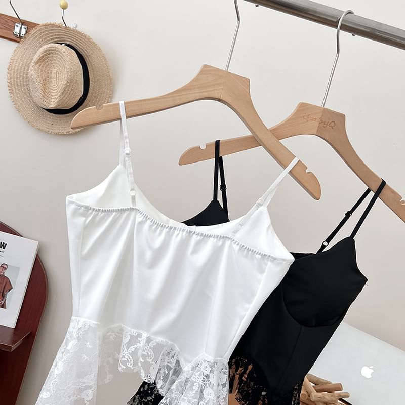 Ruffle Hem Lace Bustier with Spaghetti Straps