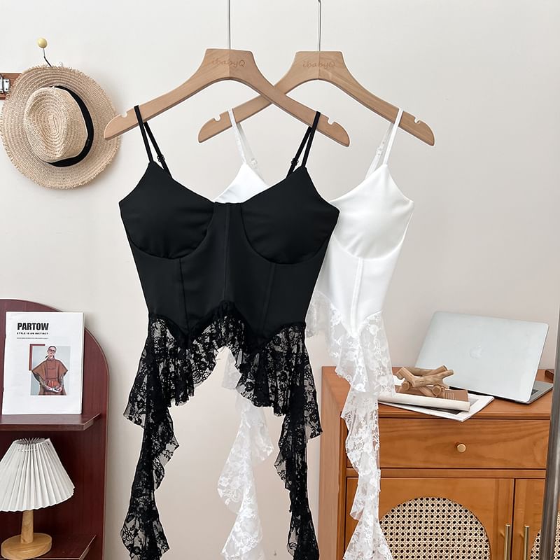 Ruffle Hem Lace Bustier with Spaghetti Straps