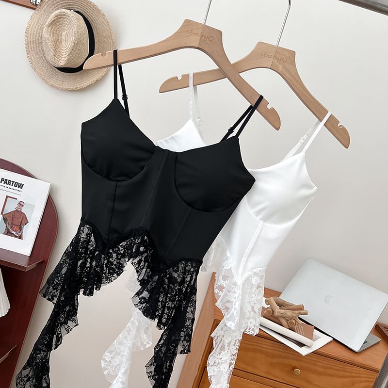 Ruffle Hem Lace Bustier with Spaghetti Straps