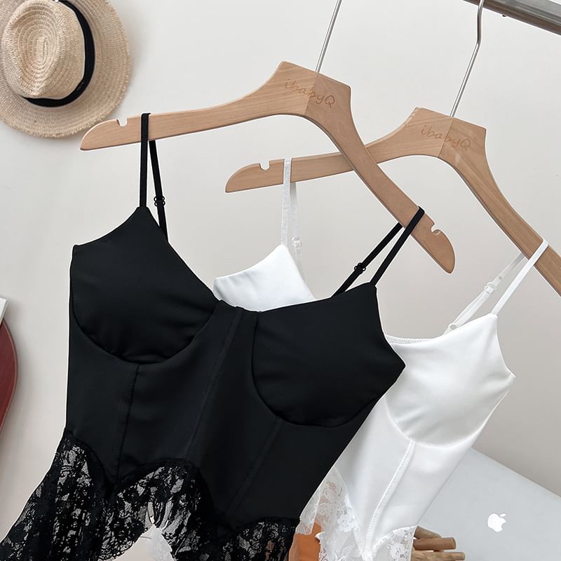 Ruffle Hem Lace Bustier with Spaghetti Straps