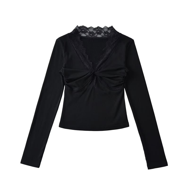 Twisted Front V-Neck Lace-Trimmed Cropped Top