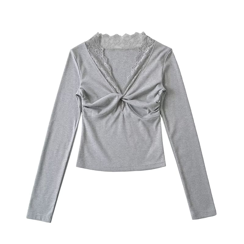 Twisted Front V-Neck Lace-Trimmed Cropped Top