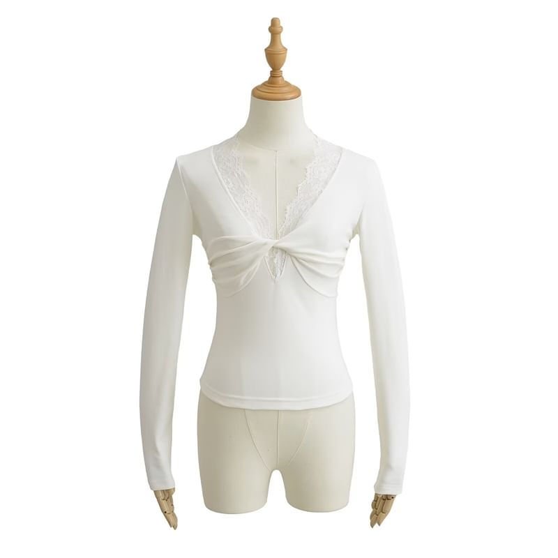 Twisted Front V-Neck Lace-Trimmed Cropped Top