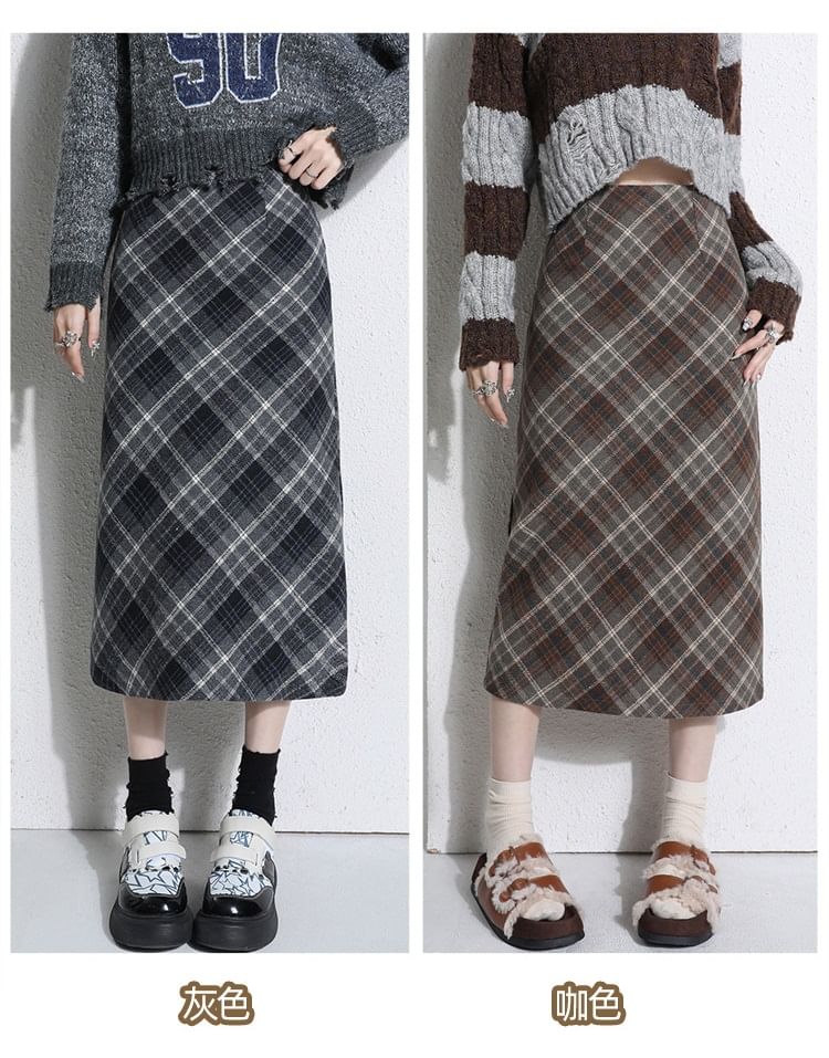 Plaid Slit Midi Straight Skirt - High Waist