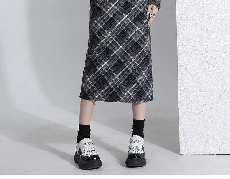 Plaid Slit Midi Straight Skirt - High Waist