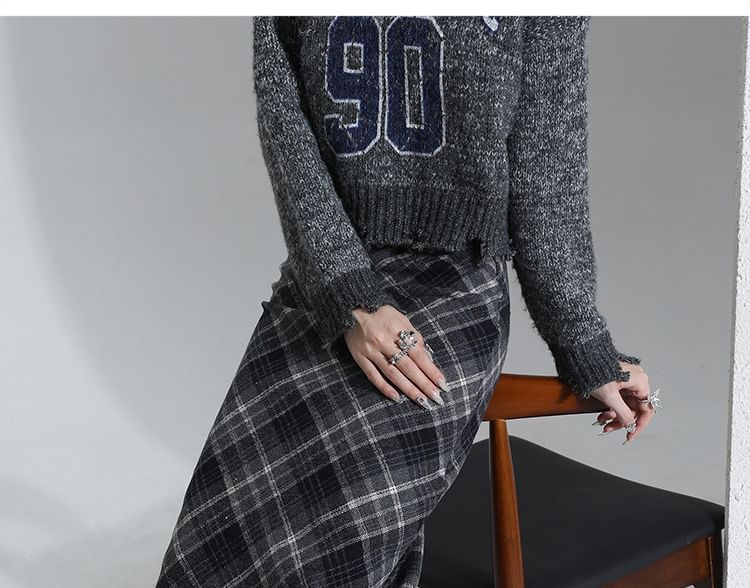 Plaid Slit Midi Straight Skirt - High Waist
