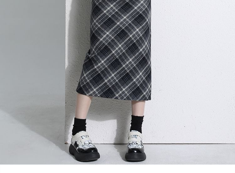 Plaid Slit Midi Straight Skirt - High Waist