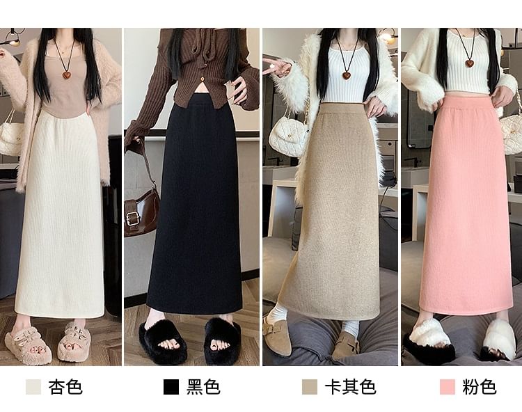 Slit Knit Midi Skirt with High Rise
