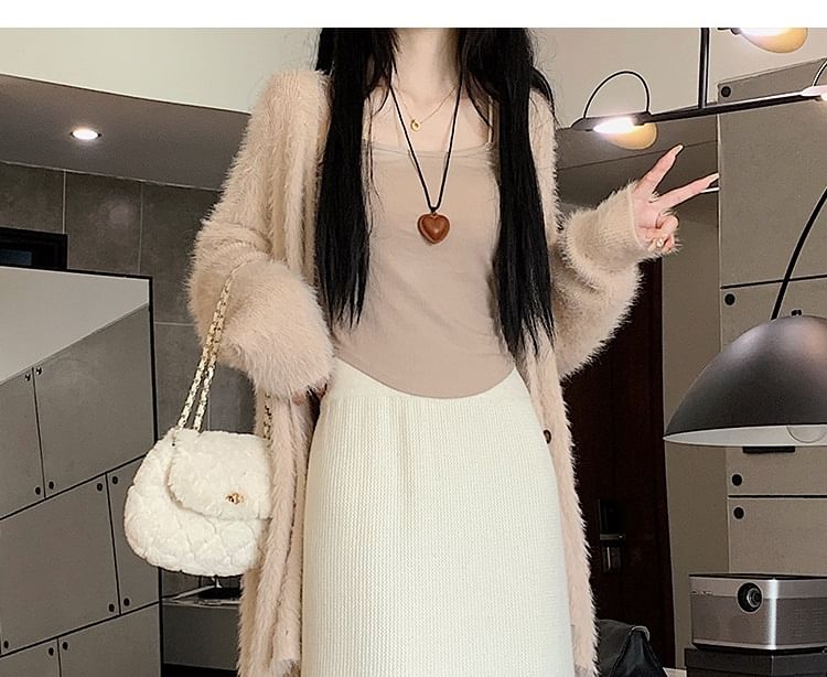 Slit Knit Midi Skirt with High Rise
