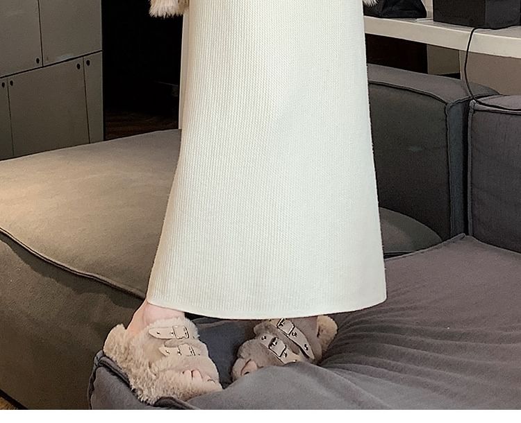 Slit Knit Midi Skirt with High Rise