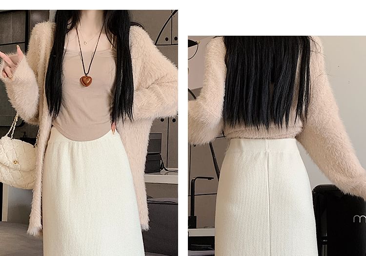 Slit Knit Midi Skirt with High Rise