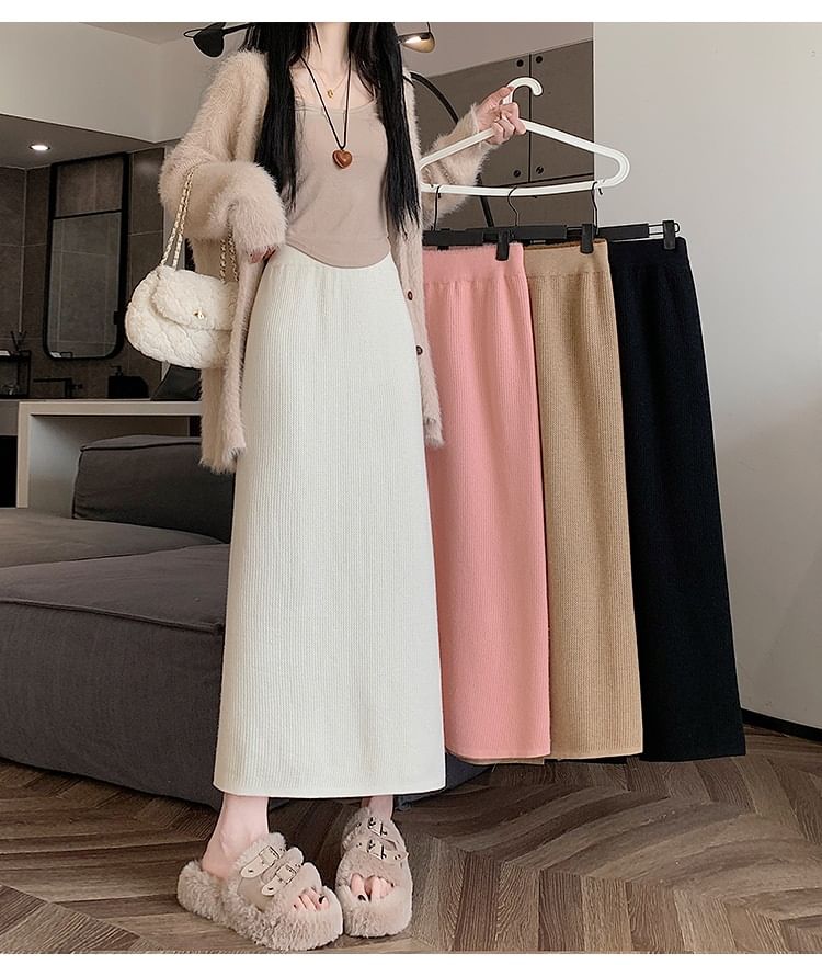 Slit Knit Midi Skirt with High Rise